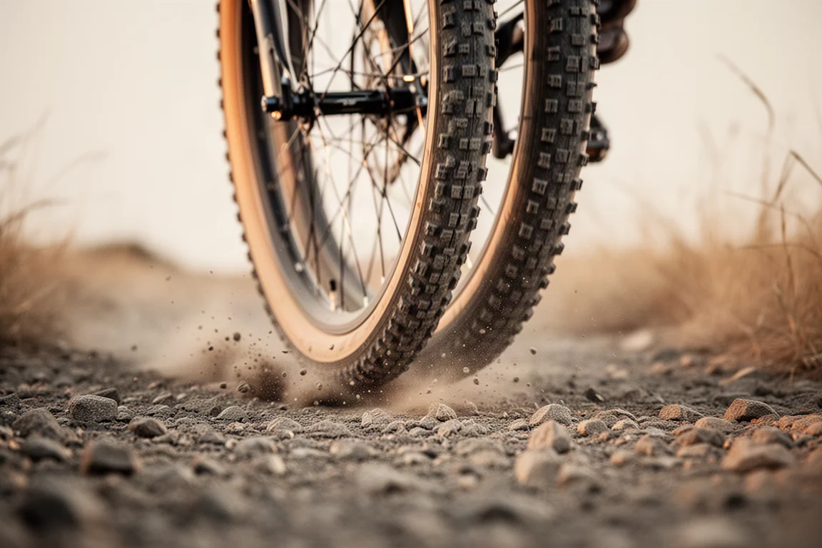 Cykeldäck som rullar över löst grus med damm som lyfter bakom mönstret