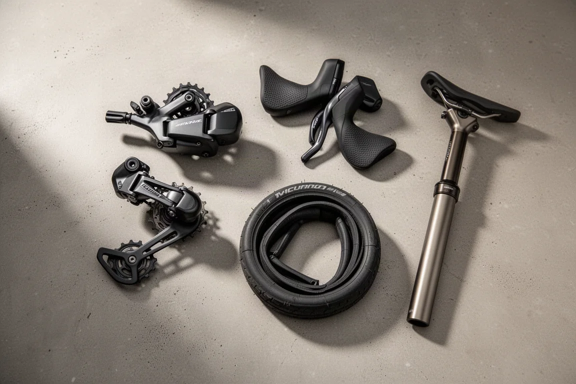 Gravel bike groupset parts, tyre and suspension seat post laid out on a concrete surface