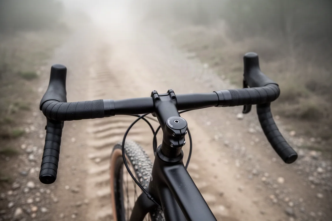 Nahaufnahme von Lenker und Vorbau eines Gravelbikes bei einer Abfahrt über Waschbrett-Schotter