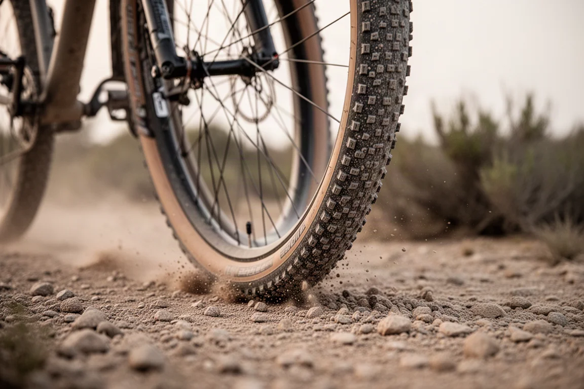 Gravel-Reifen in Schräglage auf losem Schotter mit einer kleinen aufgewirbelten Staubwolke