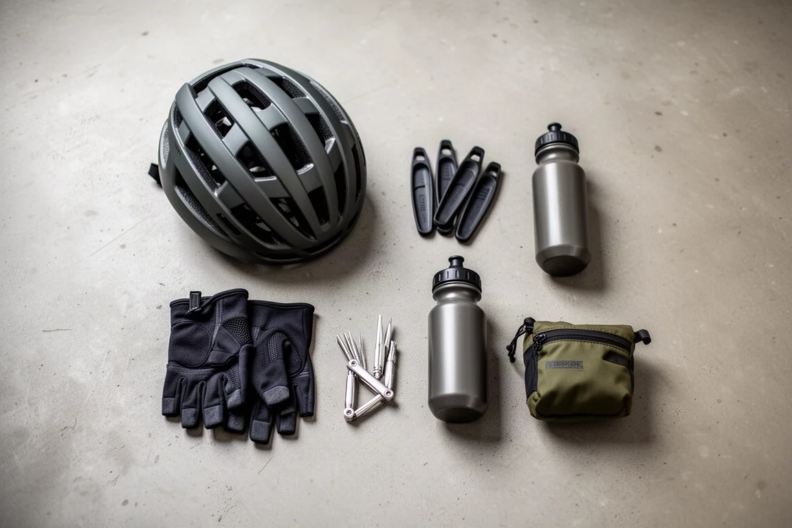 Flatlay von oben auf Gravel-Ausrüstung mit Helm, Handschuhen, Multitool und Trinkflasche