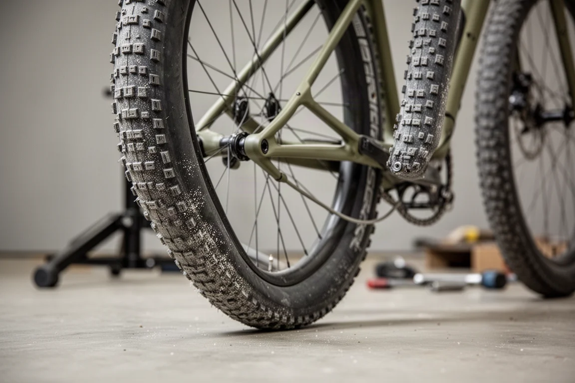 Nahaufnahme eines Gravel-Bike-Kettenstays und eines breiten Stollenreifens in einer Werkstatt