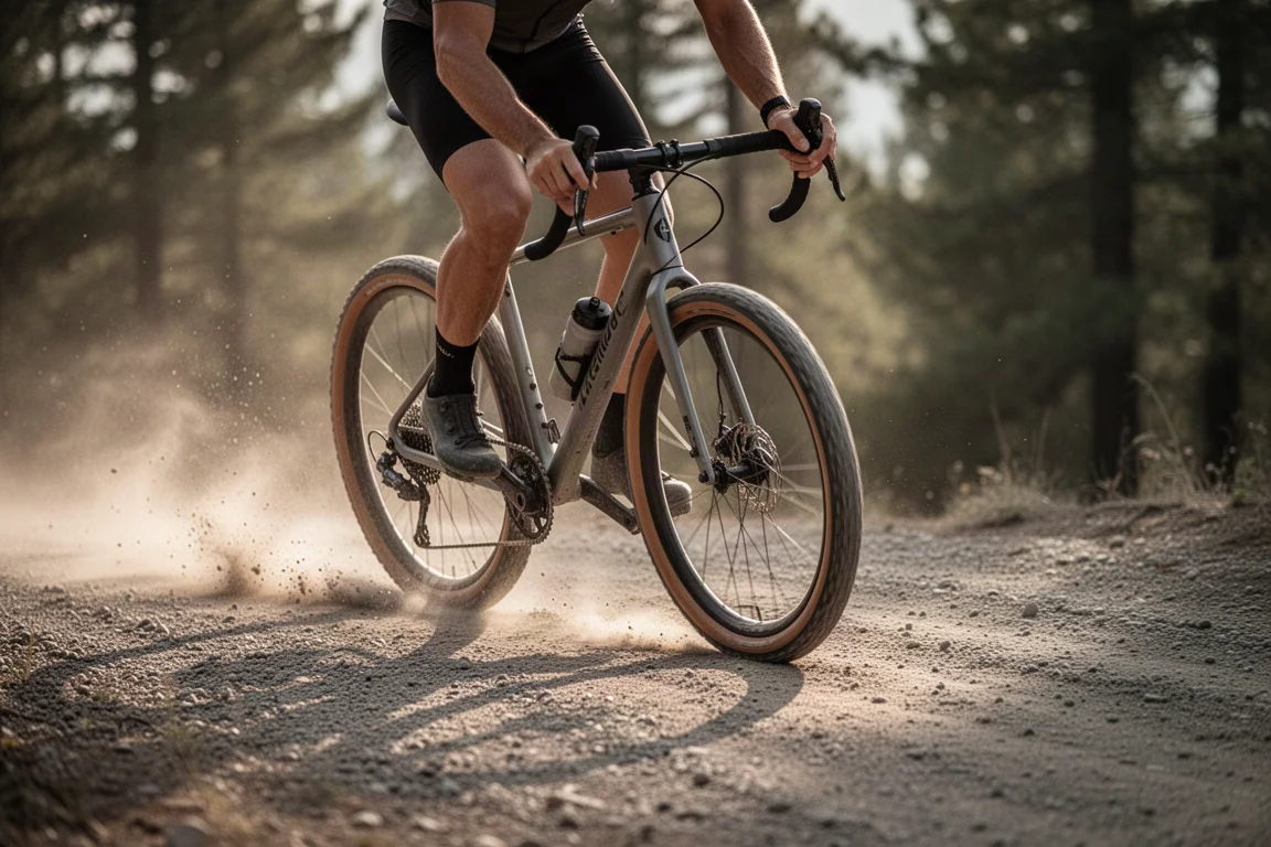 Gravel-Bike in einer losen Abfahrt mit Staubfahne im Nachmittagslicht
