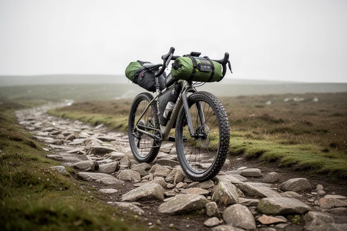 Beladenes Gravel-Bike auf einem steinigen Moorweg mit sehr breiten Stollenreifen