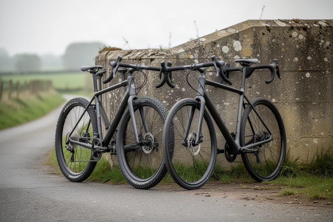 Gravel bike and endurance road bike leaning side by side against a concrete wall