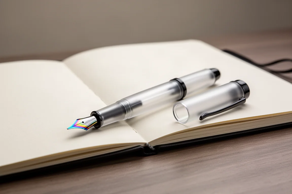 Frosted translucent fountain pen with rainbow nib resting on a desk beside a notebook