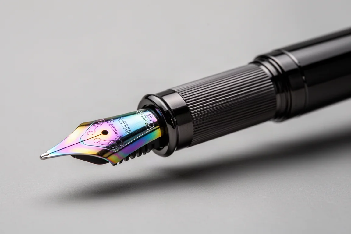 Close-up of a grooved metal pen section and rainbow steel nib