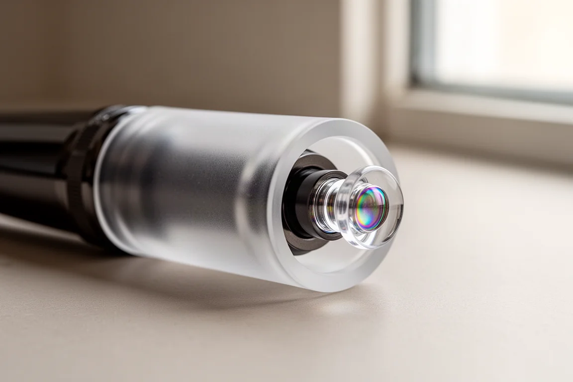 Fountain pen barrel showing ink through translucent resin with a clear piston knob