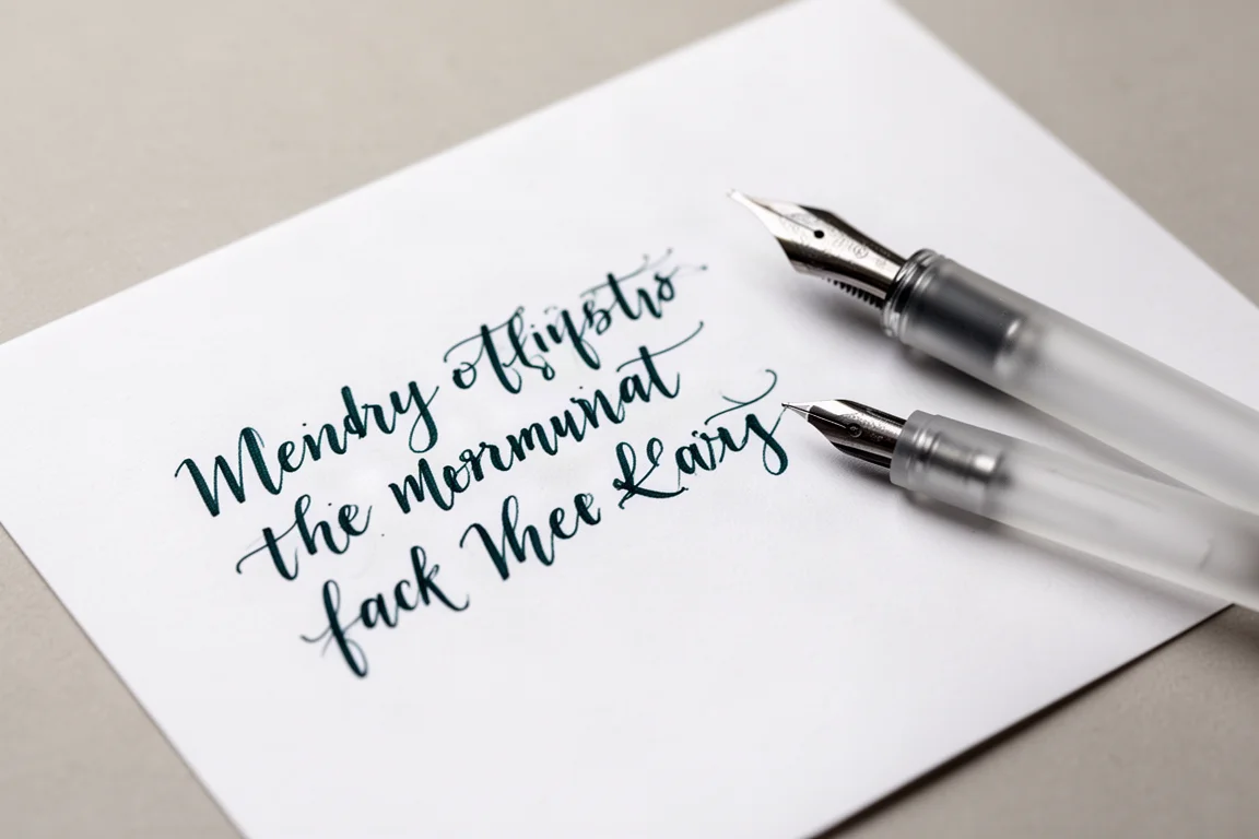 Handwriting sample in dark teal ink on white paper with a broad nib