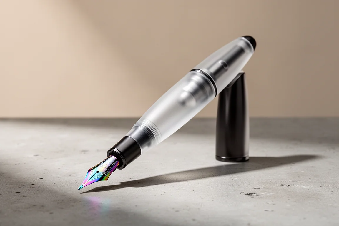 Gravitas Bifrost fountain pen with frosted body and rainbow nib on concrete surface