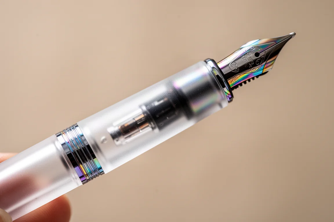Fusto traslucido satinato di una penna stilografica alzato contro la luce che mostra il livello di inchiostro del converter