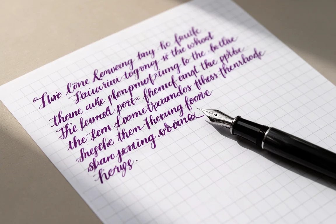 Campione di scrittura a mano con inchiostro viola su carta stile Rhodia