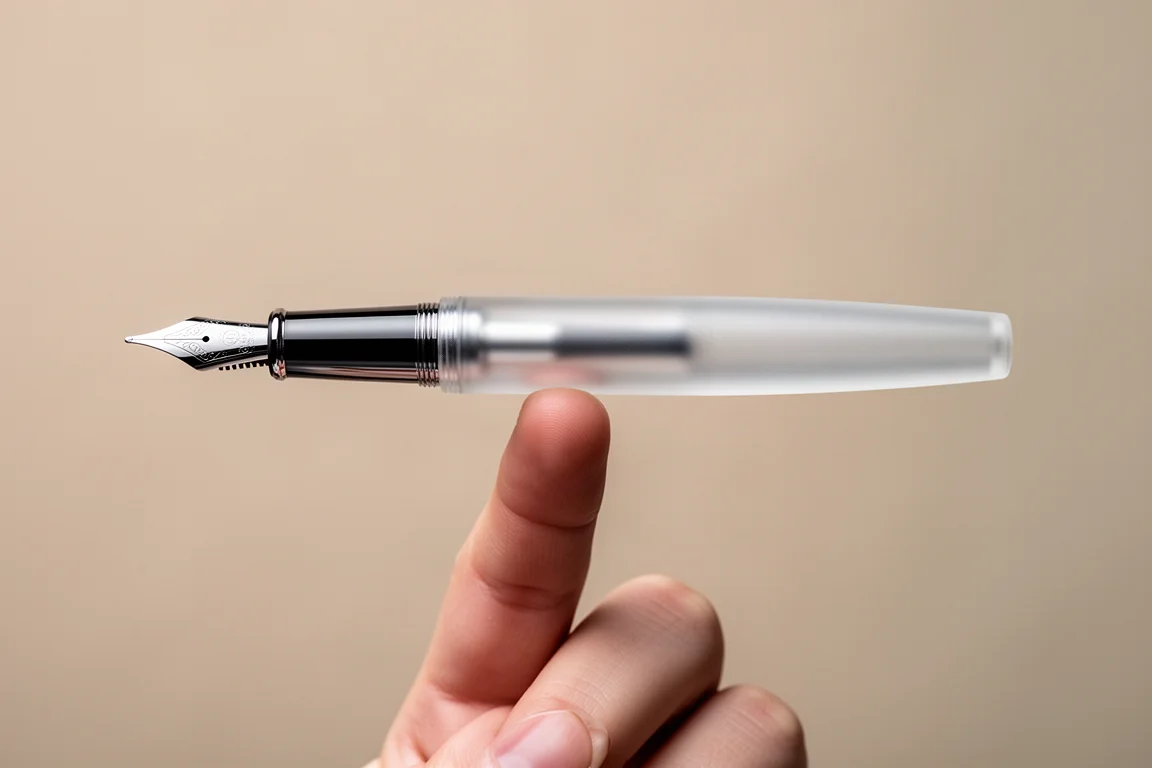 Penna stilografica in equilibrio su un dito che mostra il bilanciamento spostato verso la penne esterna