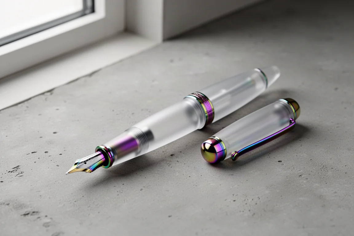 Gravitas Bifrost fountain pen with frosted translucent barrel and rainbow accents on grey surface