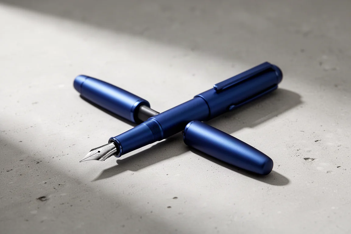 Blue all-metal fountain pen with steel fine nib on a grey concrete surface