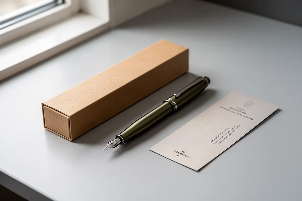 Pluma estilográfica de aluminio dark olive apoyada en un escritorio junto a su embalaje