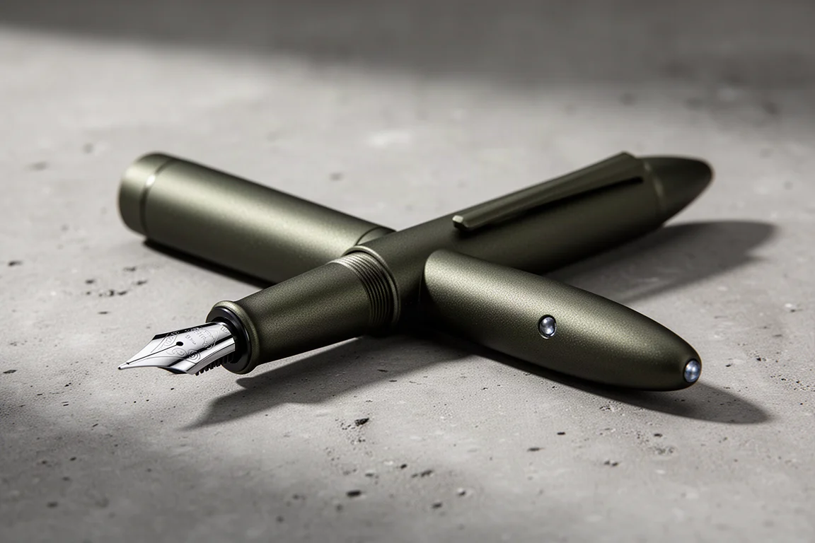 Penna stilografica in alluminio dark olive su una superficie di cemento opaco