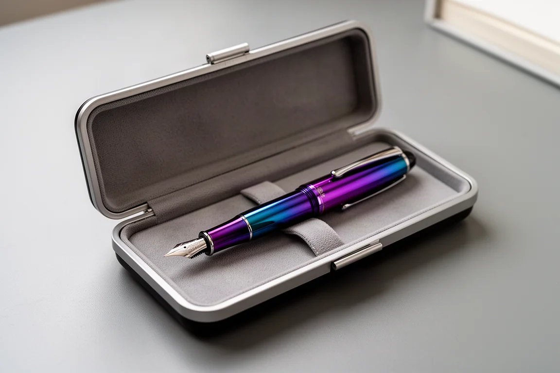 一隻手用大型金屬鋼筆在桌上快速記筆記
