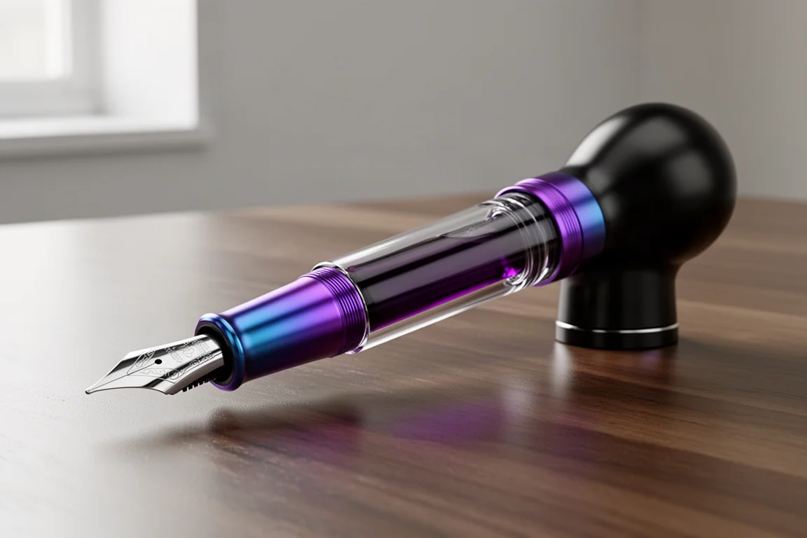 Penna stilografica Gravitas Monster con fusto iridescente blu e viola su una scrivania in legno