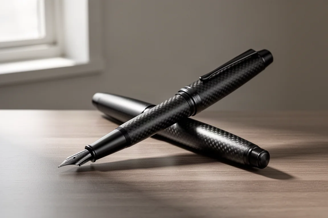 Large black carbon fiber fountain pen with titanium trim on a wooden desk