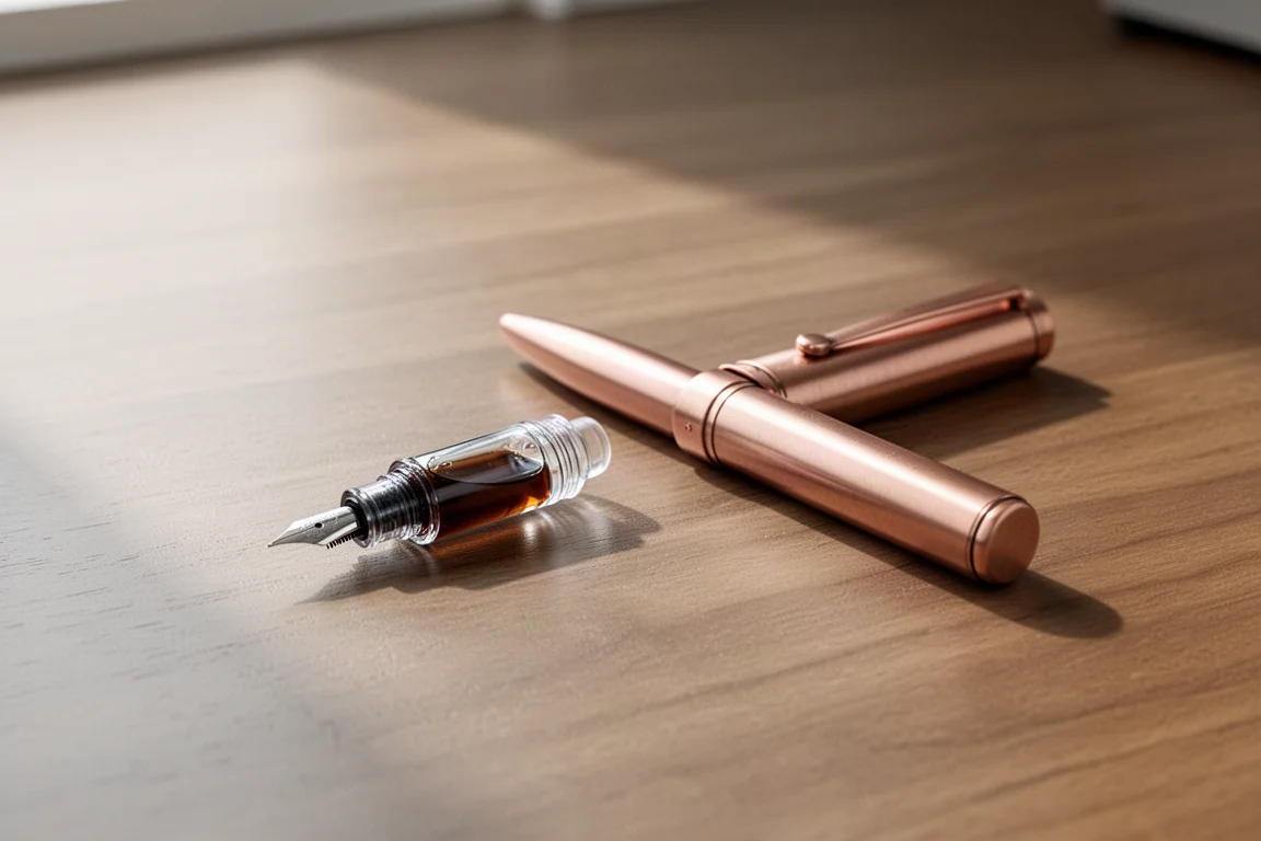 Convertidor de tinta junto a una pequeña pluma de cobre