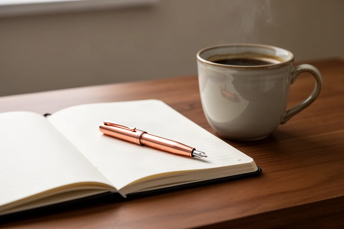 Pluma estilográfica de bolsillo del tamaño de una mano junto a un cuaderno y una taza de café