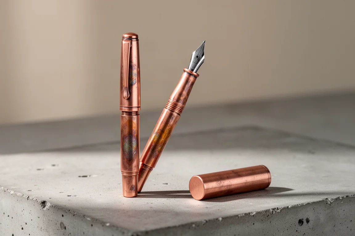 Penna stilografica tascabile in rame non rivestito con patina visibile su superficie di calcestruzzo