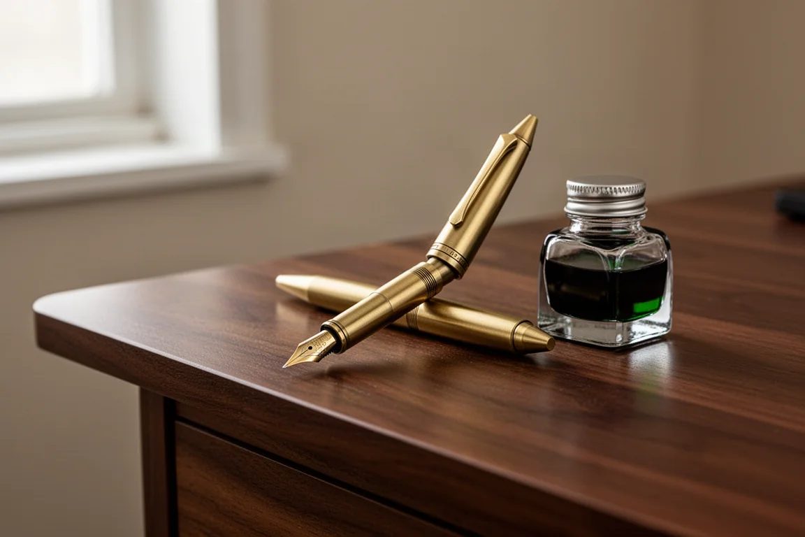 Compact brass pocket fountain pen posted on a dark writing desk beside a green ink bottle