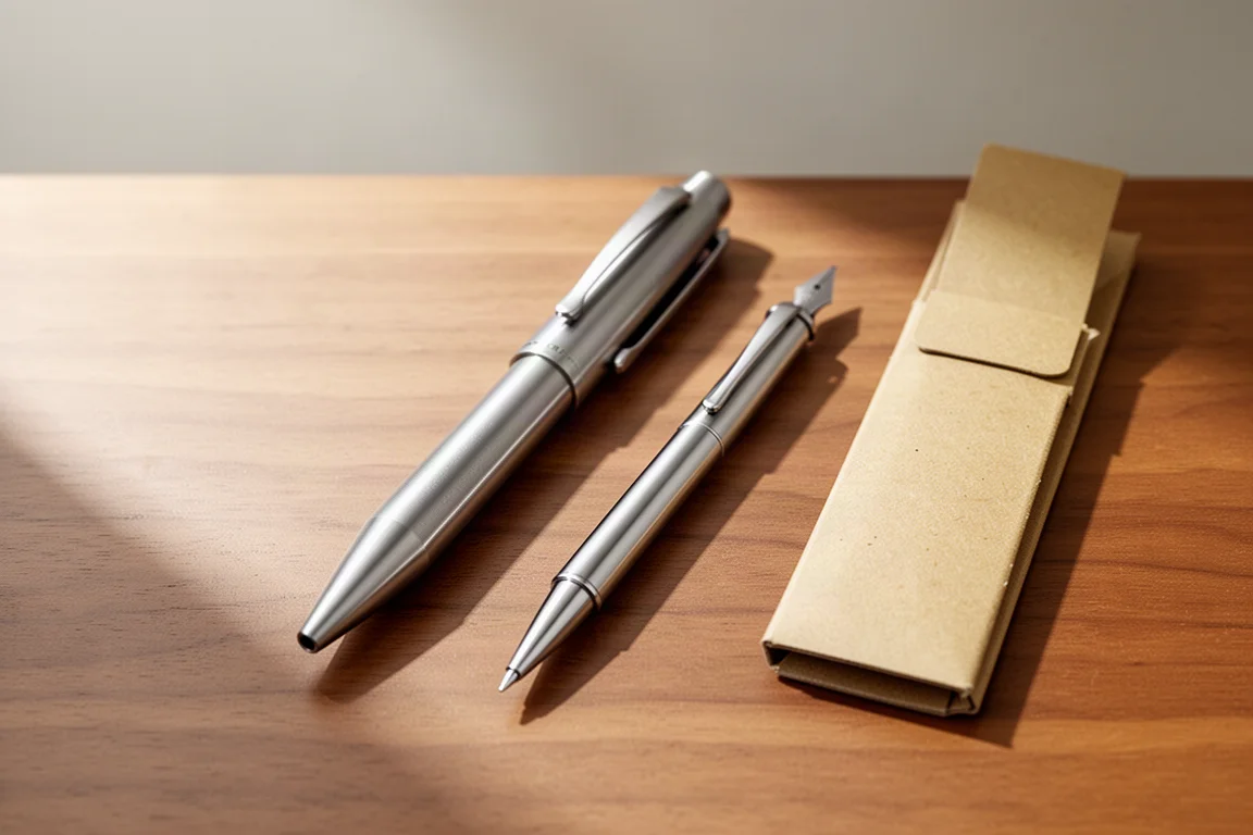 Stylo-plume en titane brut à côté d'un stylo métallique plus petit pour comparaison de taille sur un bureau
