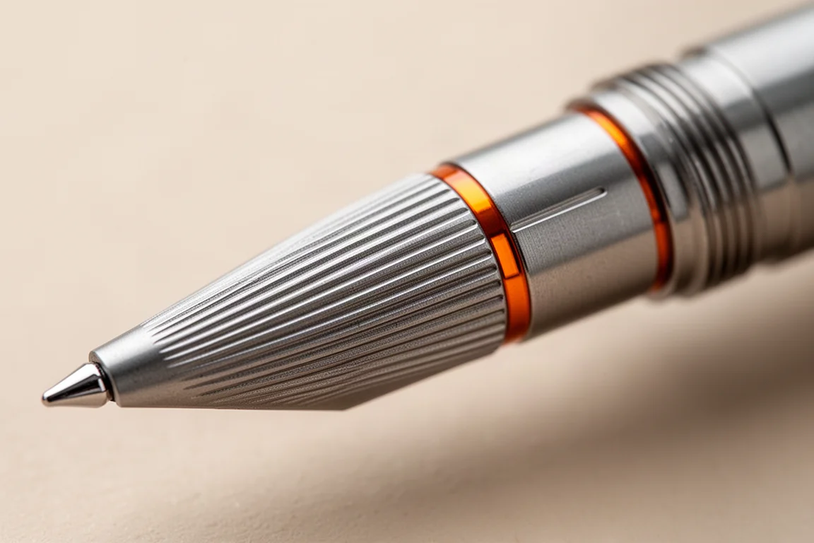 Gros plan sur la section d'un stylo-plume avec fines micro-rainures et anneau d'accent orange