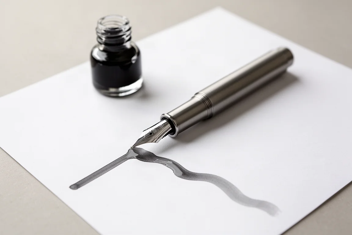 Main écrivant avec un stylo-plume en titane sur papier blanc avec une encre grise
