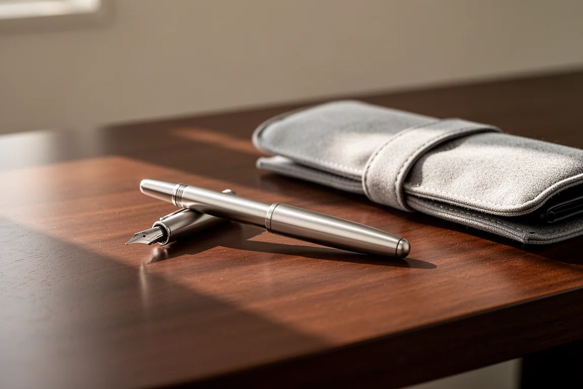 Stylo-plume en titane posé près du bord d'une surface de bureau lisse