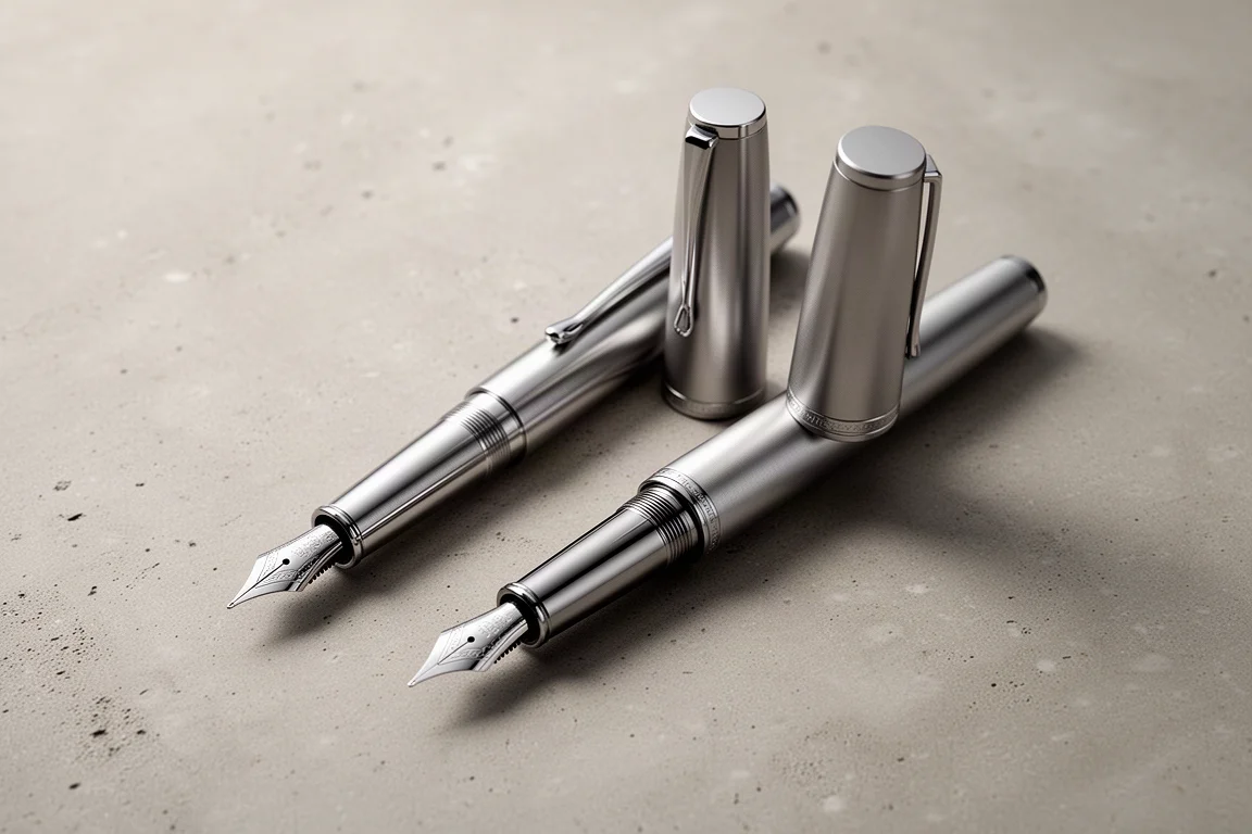 Two Gravitas fountain pens side by side with caps removed on a concrete surface