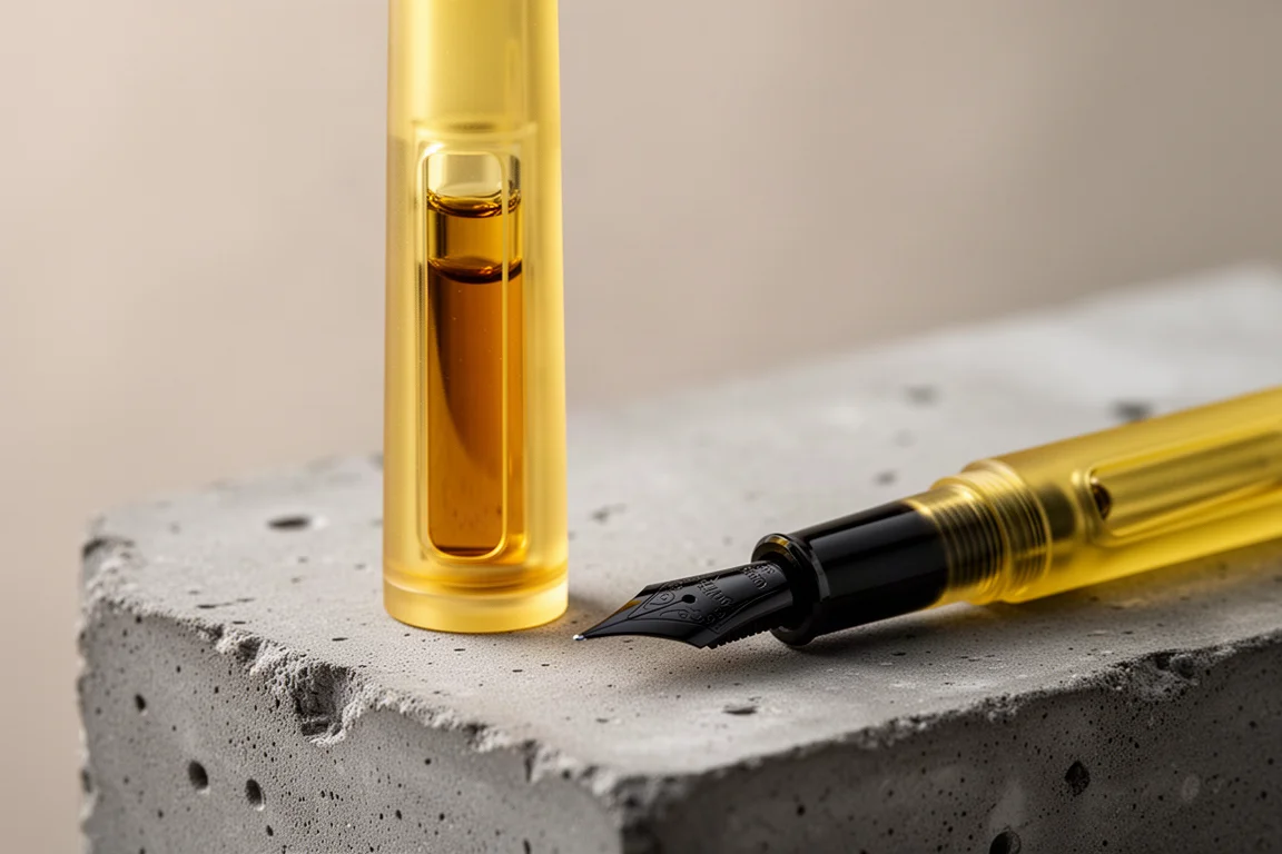 Vakuum-Füllfederhalter mit transparent-gelbem Schaft, durch den die Tinte sichtbar ist