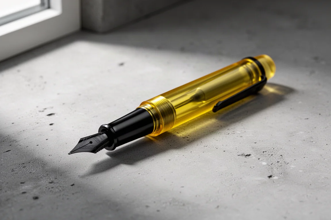 Translucent yellow fountain pen with black nib on matte concrete surface