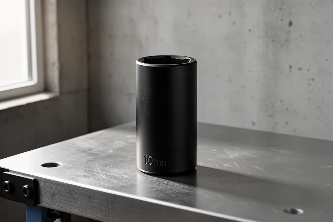 Thin-walled black 10mm surface drive socket standing on a brushed steel workbench