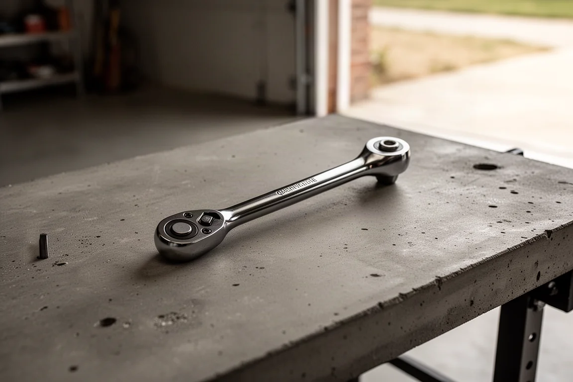 Quick-release ratchet resting on a concrete workbench in natural daylight