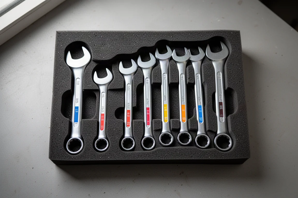 Combination wrench set fitted into a black foam drawer tray