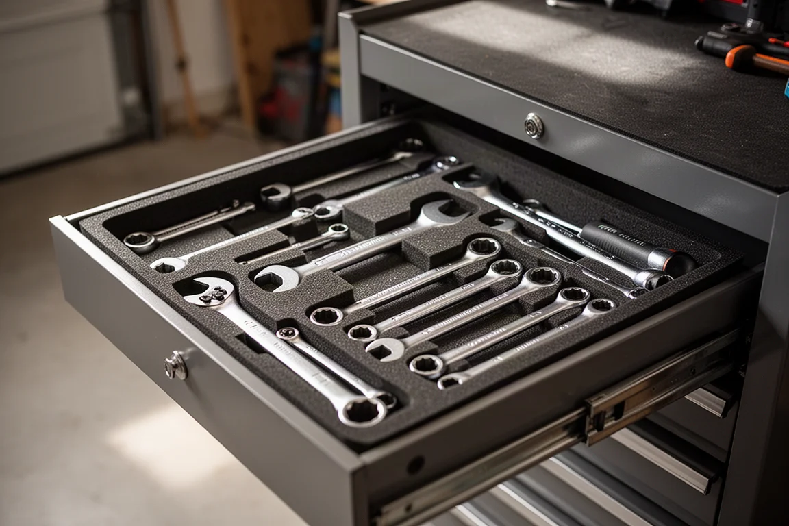 Organized hand tool drawer in a home garage workshop