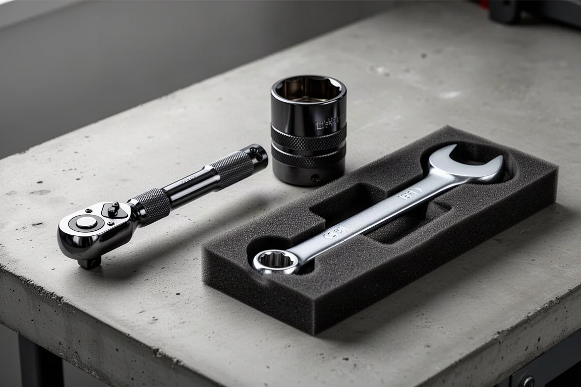Gray Tools ratchet, large socket, and combination wrench on a concrete workbench
