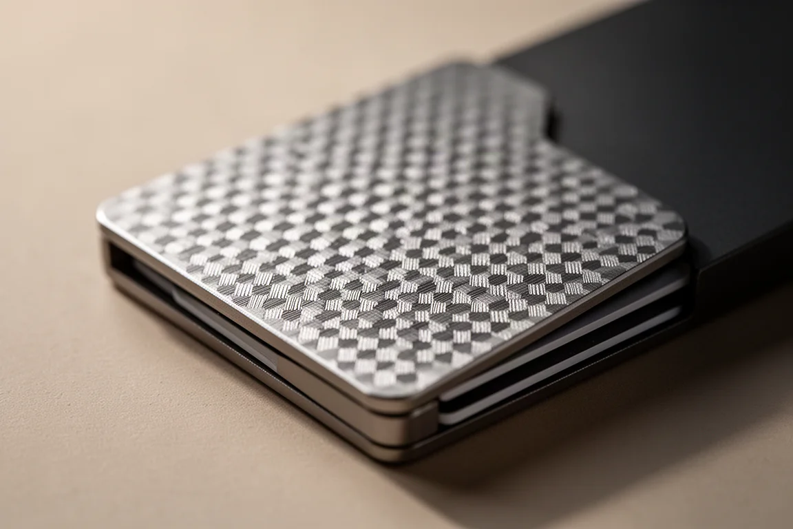 Närbild på den texturerade titanytans yta på en minimalistisk plånbok