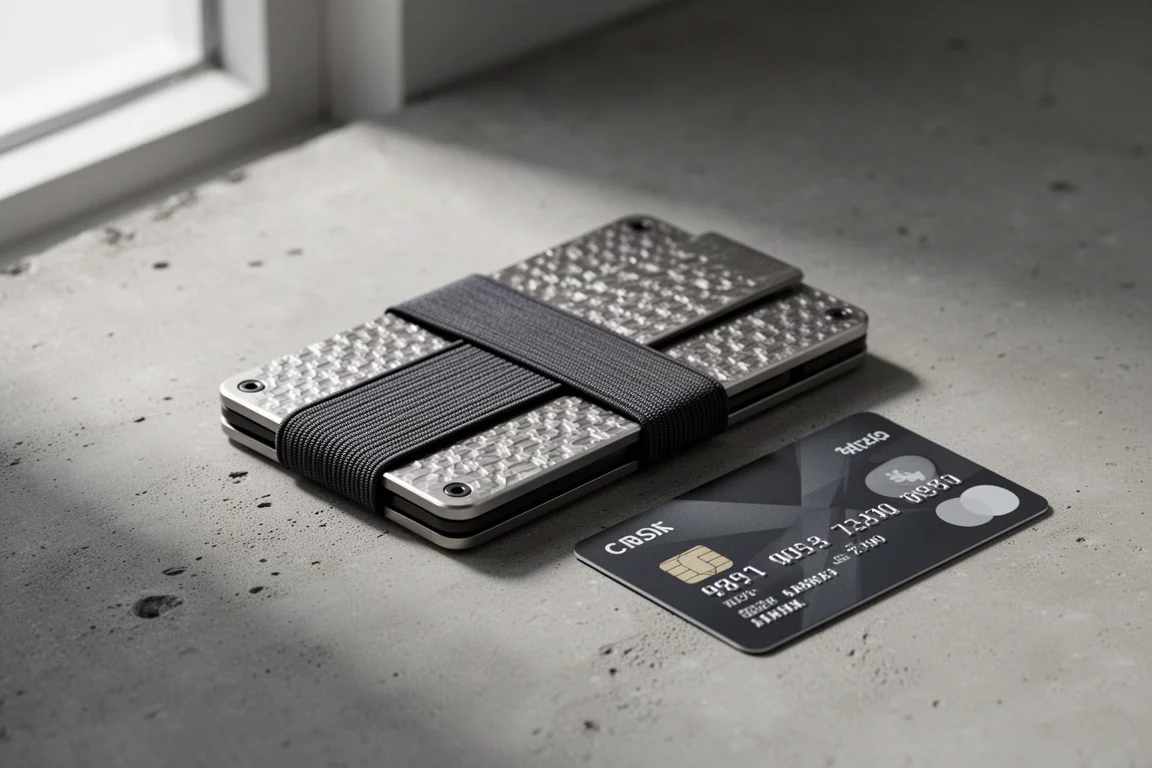 Slim titanium card wallet beside a credit card on a concrete surface
