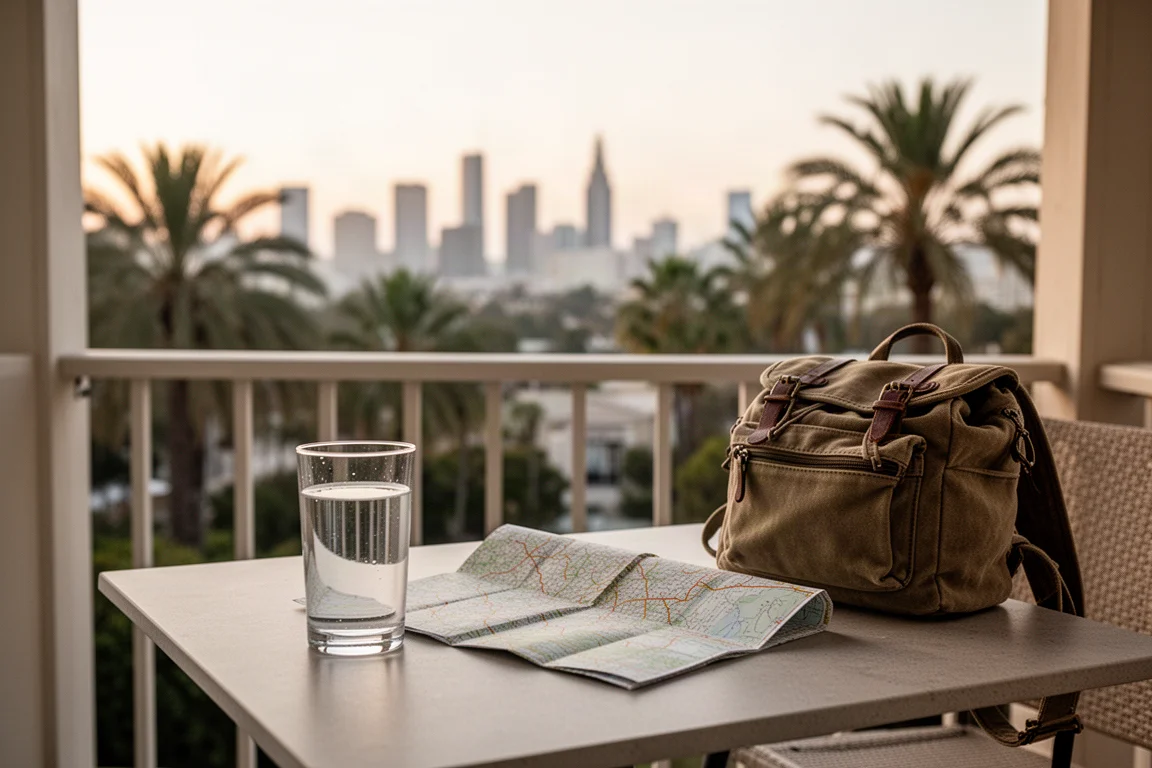 Glass of clear water on a stone counter with a travel towel and pouch in morning light