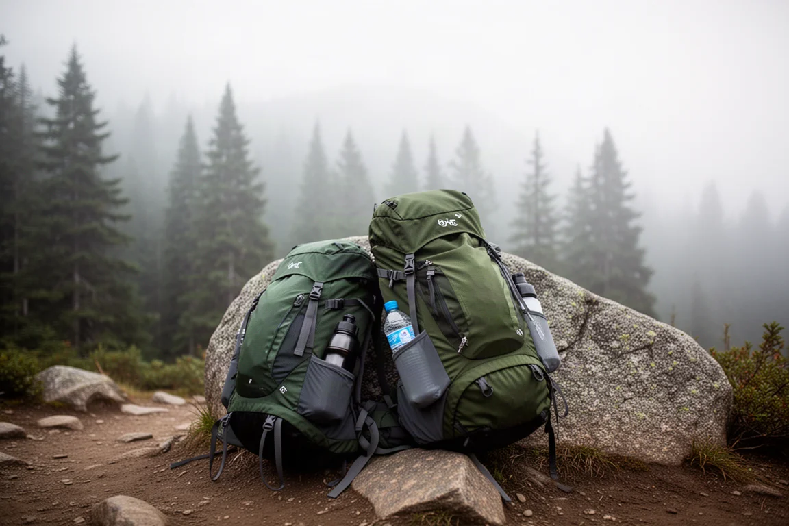 Overhead flat-lay of hiking pack and water bottles on a concrete surface