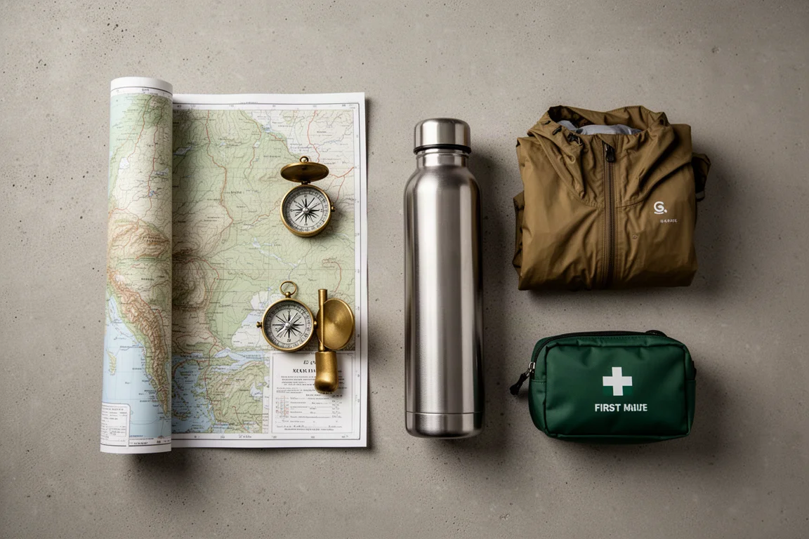 Packed travel bag on a wooden floor with a water bottle in the side pocket