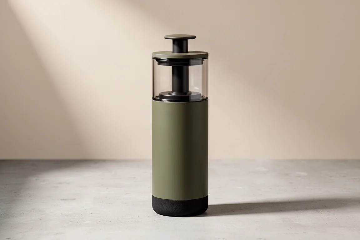 Press-style water purifier bottle with dark sleeve and clear reservoir on concrete