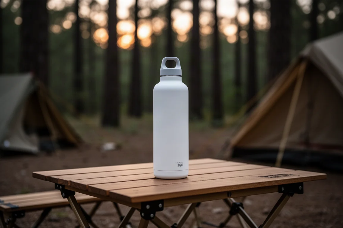 White water purifier bottle sitting on a wooden camp table at dusk