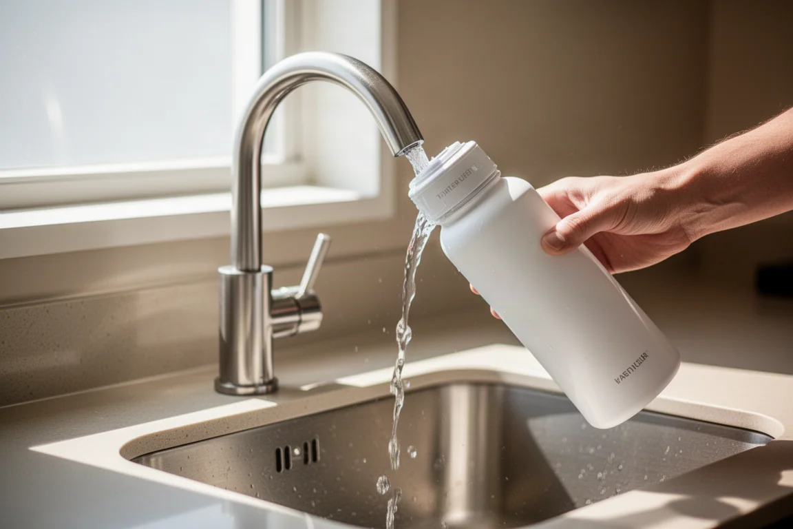 Traveler refilling a bottle from a hotel room tap