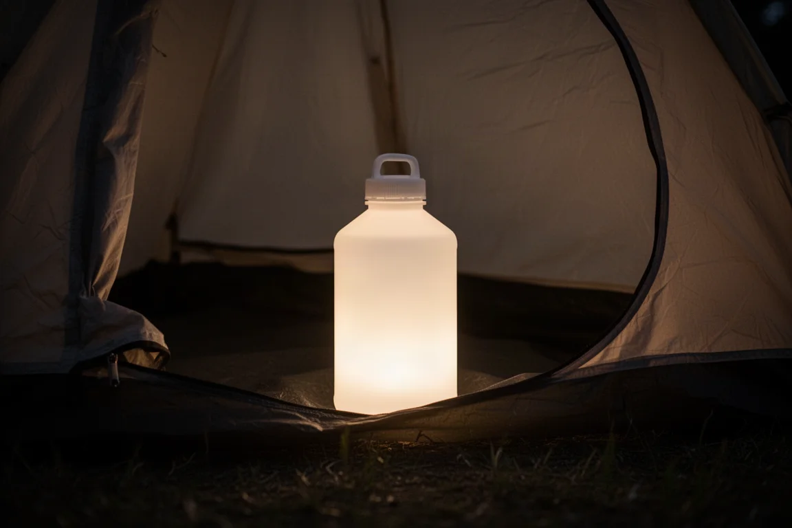 White bottle glowing softly like a lantern inside a tent at night