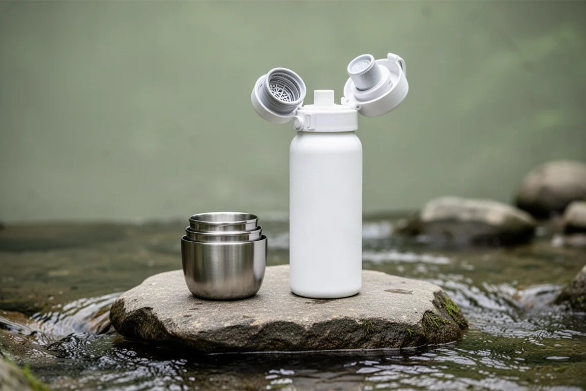 Metal nesting cup and purifier bottle set up on a rock beside a stream